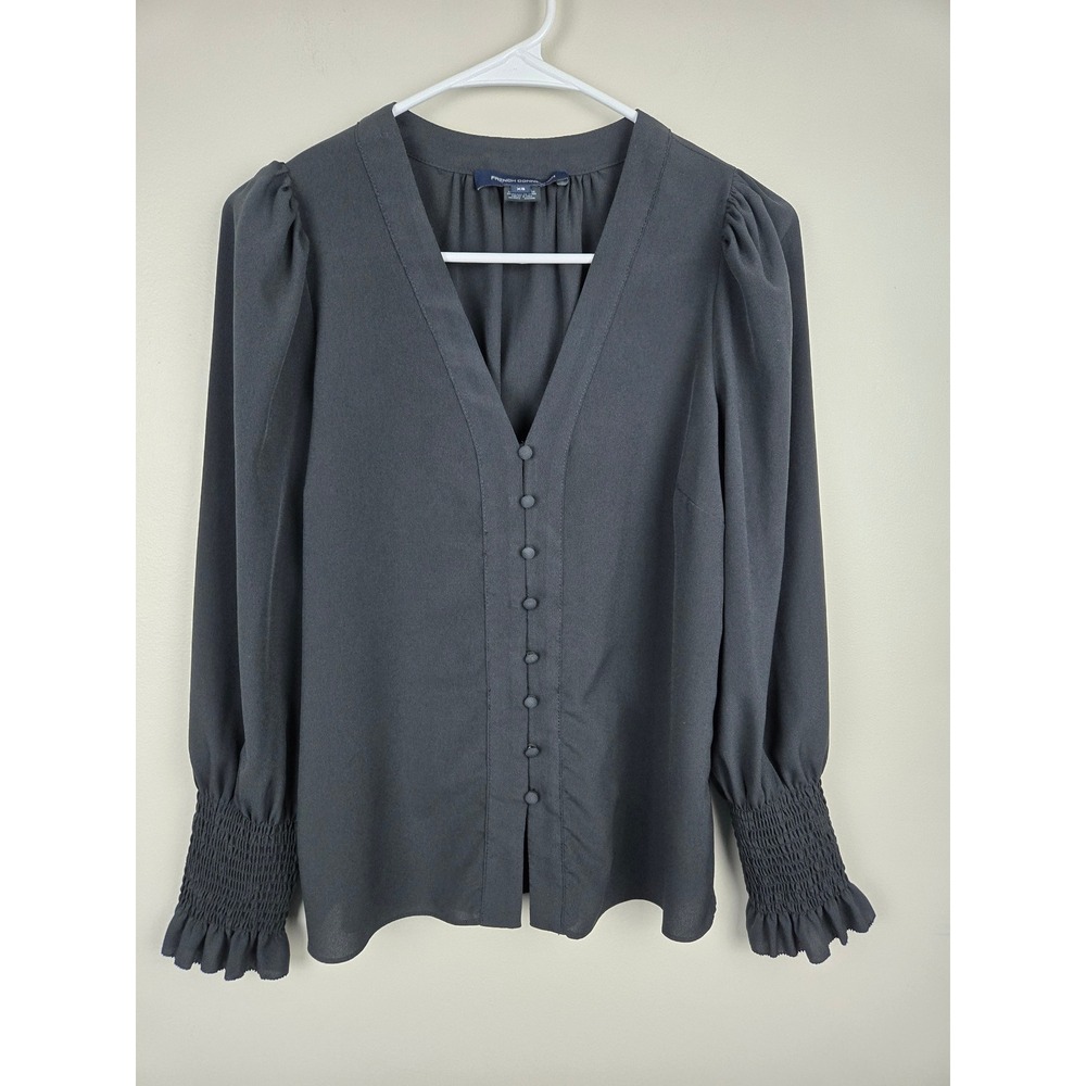 French Connection Womens V-Neck Button Front Smocked Cuff Blouse Gray XS